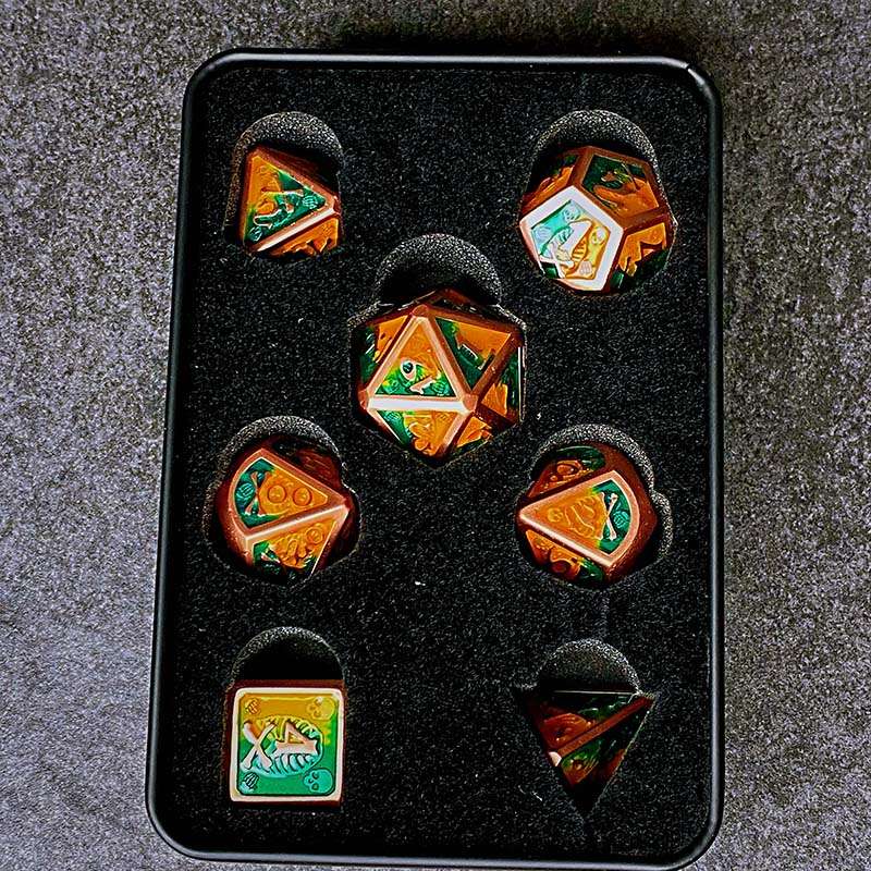 Sage's Grim's Fortunes - Bronze Peach/Green Skull-Bones Metal Polyhedral Dice Set image 11