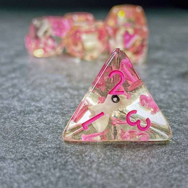 Sage's Familiars- Bunny Familiar Resin Pink Polyhedral Dice Set image 3