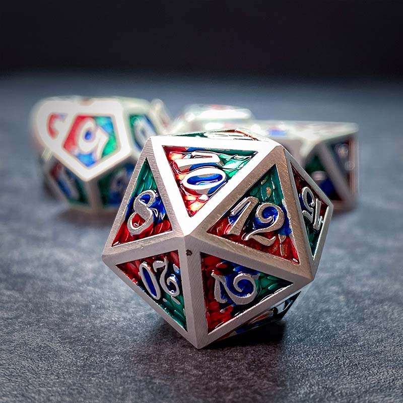 Sage's Dragonstones - Pearl Silver Chromatic Scales Metal Polyhedral Dice Set image 2