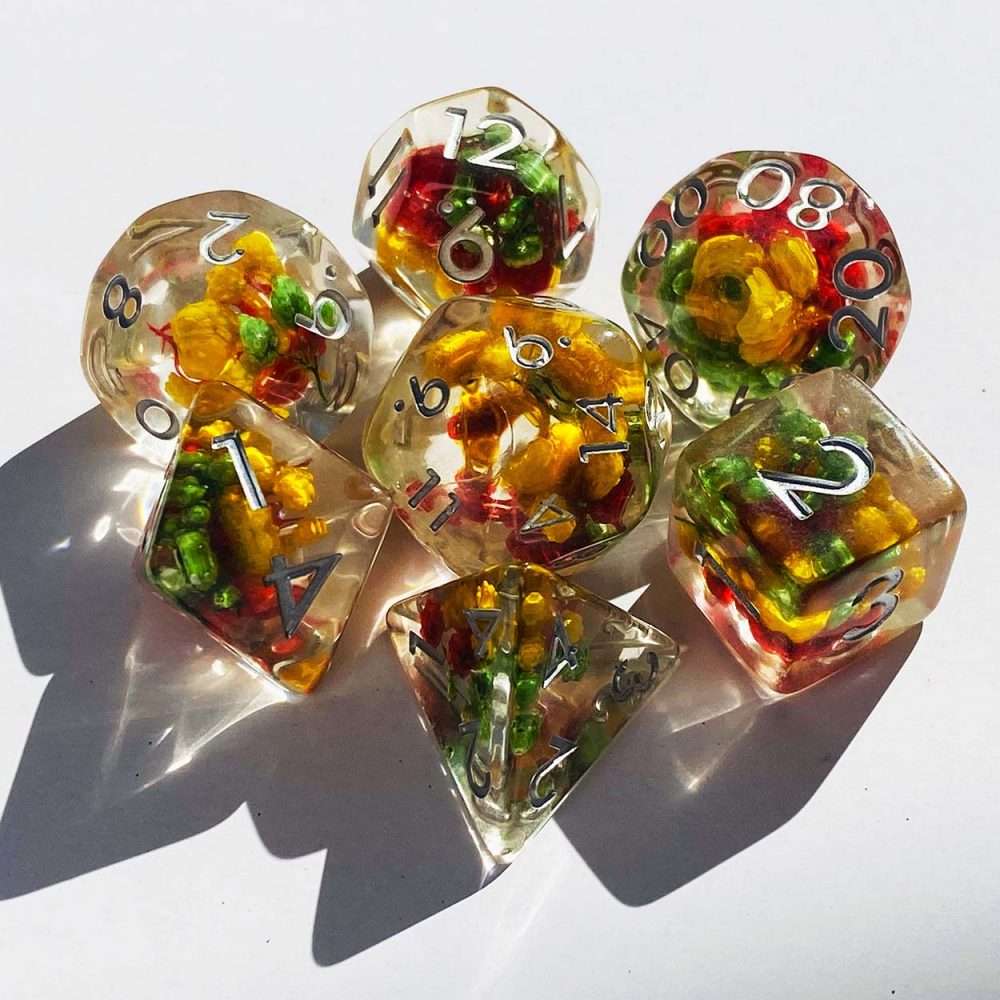 Sage's Cantrips - Transparent Red/Yellow/Green Flowers Resin Polyhedral Dice Set image 4