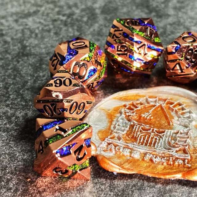 Sage's Dimension Stones - Copper Blue/Green Glitter Stripes Metal Polyhedral Dice Set image 6