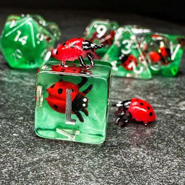 Sage's Red Baby Ladybug Familiar Resin Polyhedral Dice Set image 6