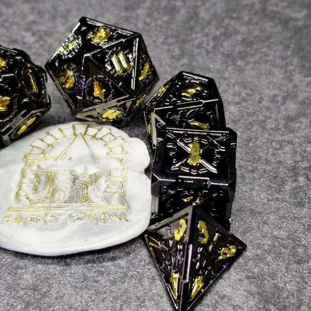 Sage's Knight's Valor - Black Inlay Gold Ink Metal Polyhedral Dice Set image 9