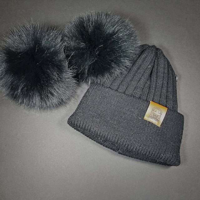 Sage’s Cap – Black Wool Beanie with Double Raccoon Pompom image 1