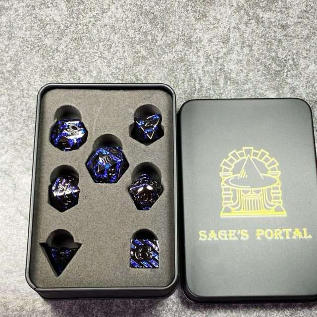 Sage's Dimension Stones - Dark Silver Glitter Blue Stripes Black Ink Metal Polyhedral Dice Set image 13