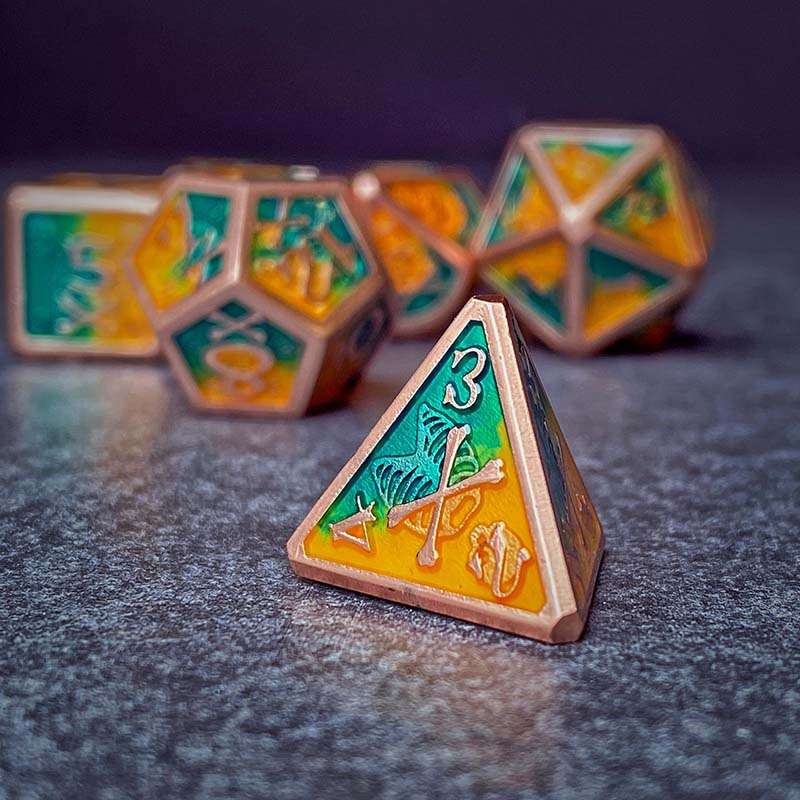 Sage's Grim's Fortunes - Bronze Peach/Green Skull-Bones Metal Polyhedral Dice Set image 8