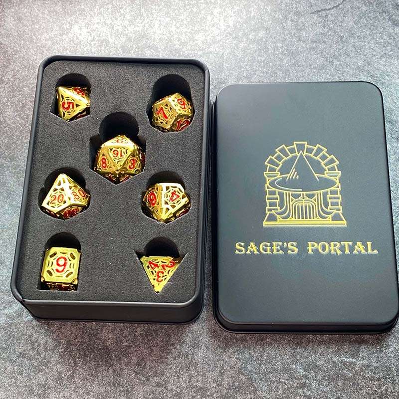 Sage's Gnomish Trinkets - Hollow Gold Spider Trinket Red Ink Metal Polyhedral Dice Set image 9