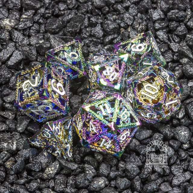 Sage's Dragonstones - Rainbow Noble Dragon Hollow Metal Polyhedral Dice Set image 0