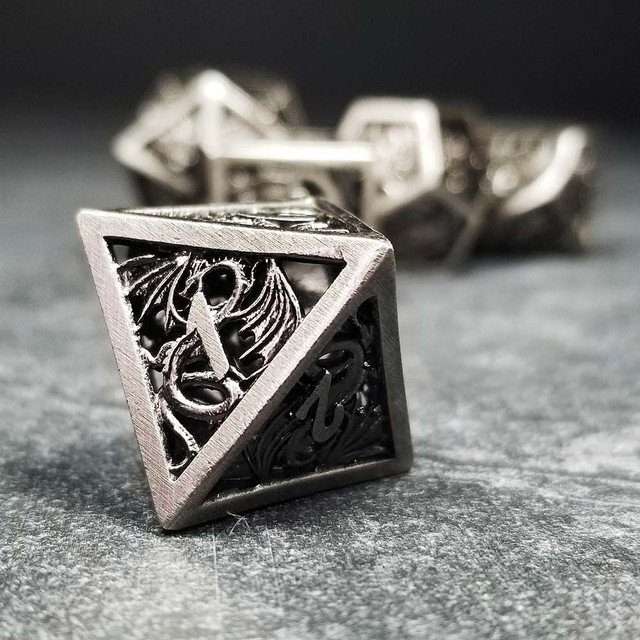 Sage's Dragonstones - Elder Dragon Satin Silver Hollow Metal Polyhedral Dice Set image 6