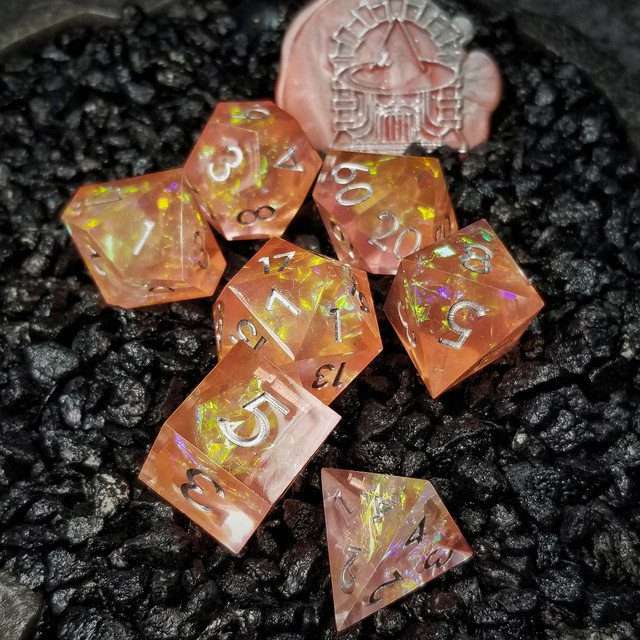 Sage's Enchanted Crystals Pink/Peach Silver Ink Sharp Edge Resin Dice Set image 11