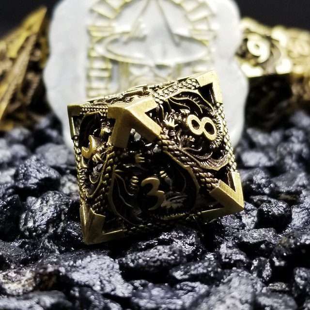 Sage’s Dragonstones Regal Dragon Bronze Hollow Metal Polyhedral Dice Set image 4