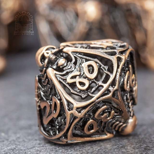 Sage's Macabre Bone Trinket Copper Hollow Metal Polyhedral Dice Set image 3
