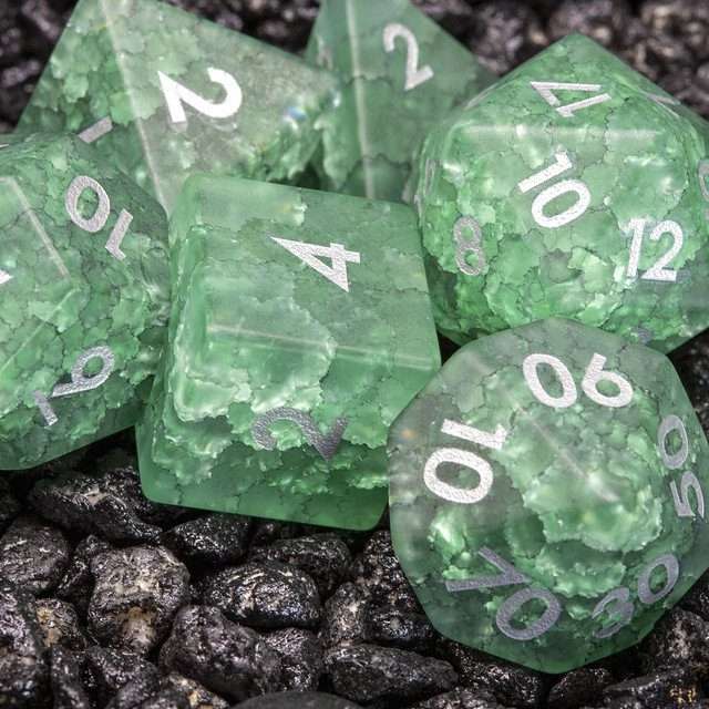 Sage's Kaleidoscopes Green/Mica Cracked Glass Frosted Finish Polyhedral Dice Set image 8