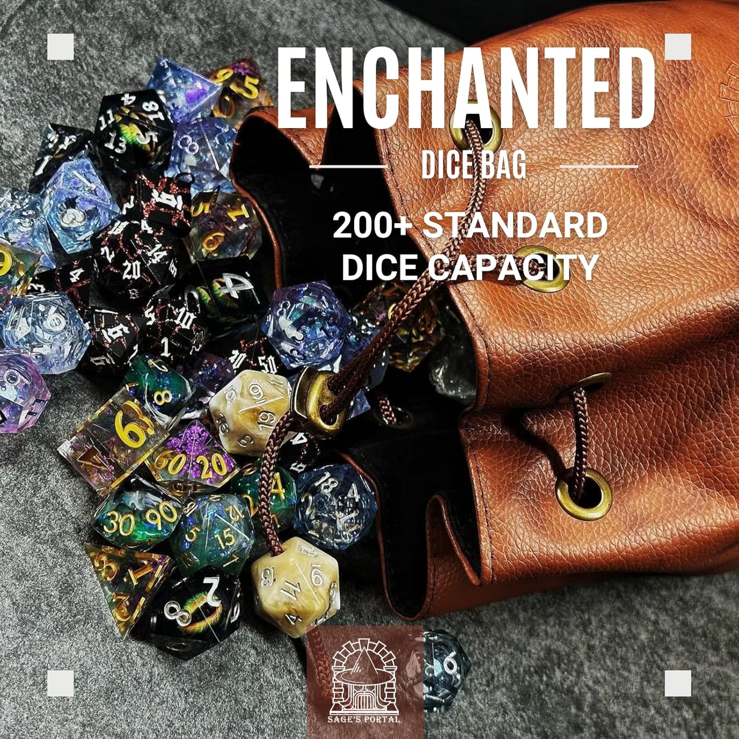Sage's Enchanted Dice Bag - Spotted PU Leather Dice Bag with D20 Cord Ends