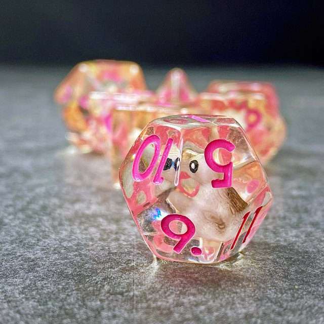 Sage's Familiars- Bunny Familiar Resin Pink Polyhedral Dice Set image 7