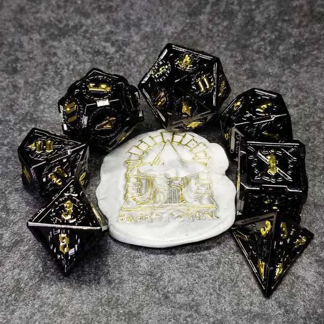 Sage's Knight's Valor - Black Inlay Gold Ink Metal Polyhedral Dice Set image 10