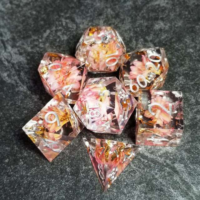 Sage’s Enchanted Flower Pink Sharp Edge Resin Polyhedral Dice Set image 4