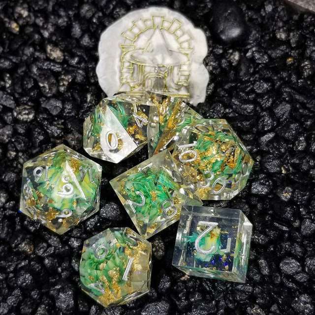Sage’s Enchanted Flower Cyan Sharp Edge Resin Polyhedral Dice Set image 15