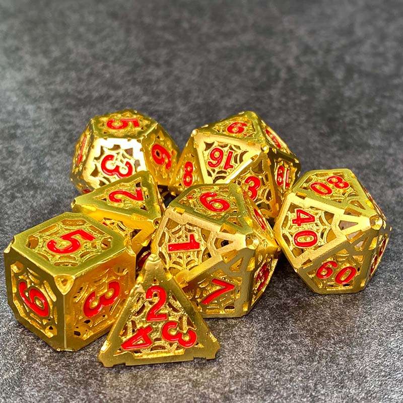 Sage's Gnomish Trinkets - Hollow Gold Spider Trinket Red Ink Metal Polyhedral Dice Set image 8