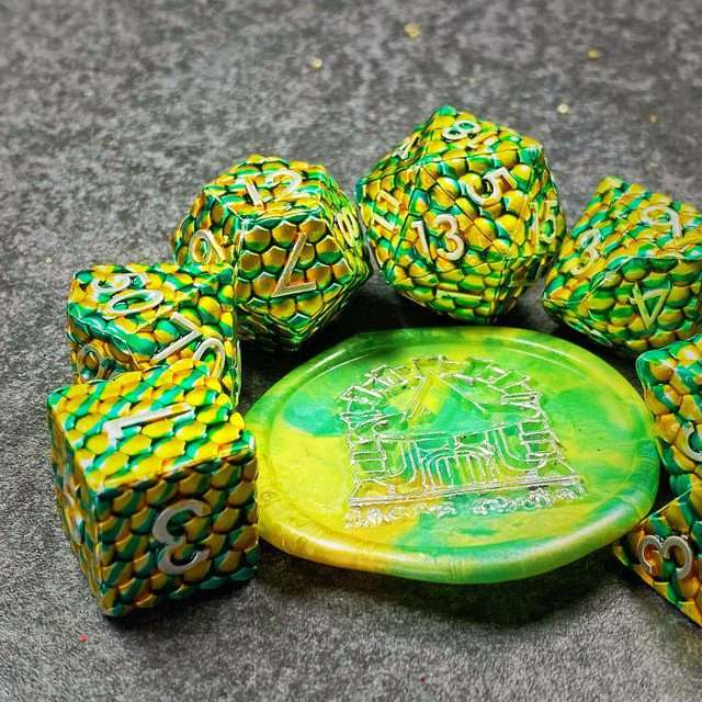 Sage's Dragonstones - Scaled Eggs Green/Yellow Metal Polyhedral Dice image 13