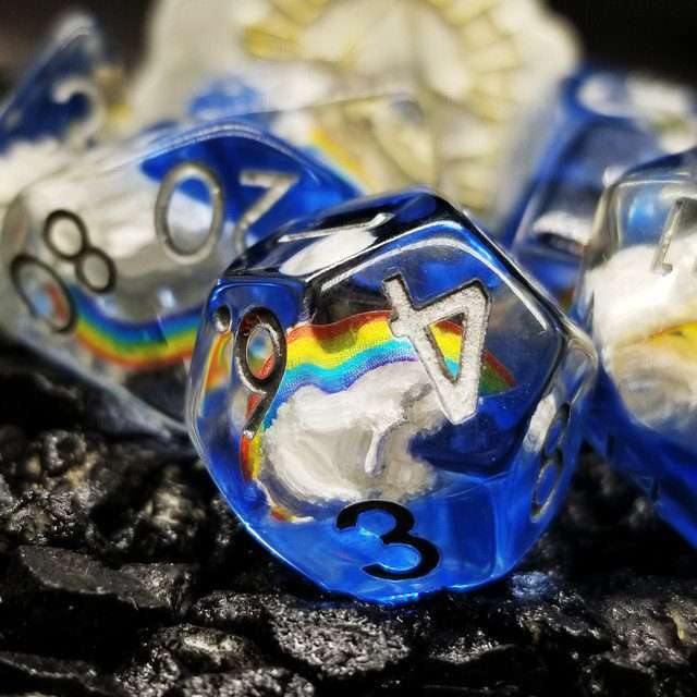 Sage's Familiars - Enchanted Rainbow and Clouds Resin Polyhedral Dice Set image 9