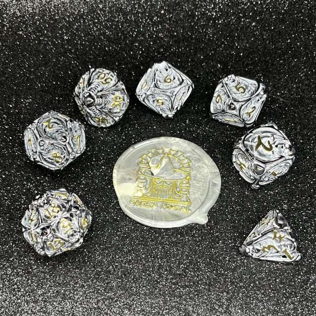 Sage's Macabre Bone Trinket Chalk White Inlay Black/Gold Hollow Metal Polyhedral Dice Set image 2