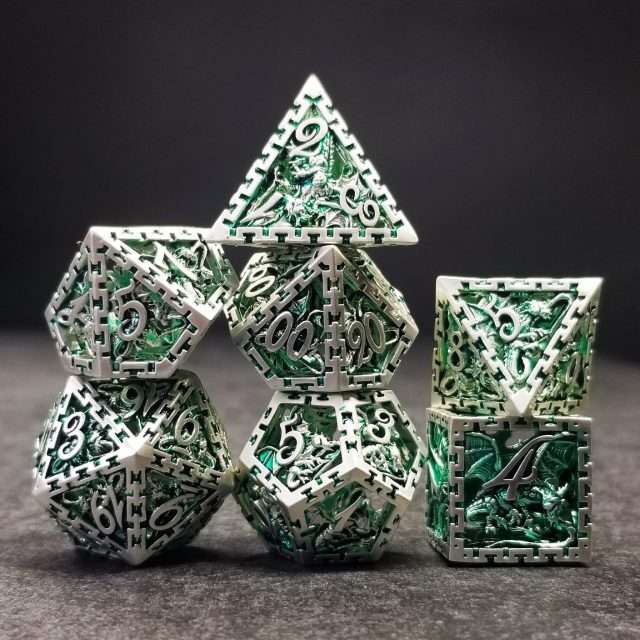 Sage's Dragonstones - Chained Noble Dragon Green Hollow Metal Polyhedral Dice Set image 8