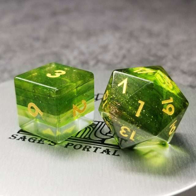 Sage's Treasures- Green Glass Layered Gold Glitter Gemstone Polyhedral Dice Set image 10