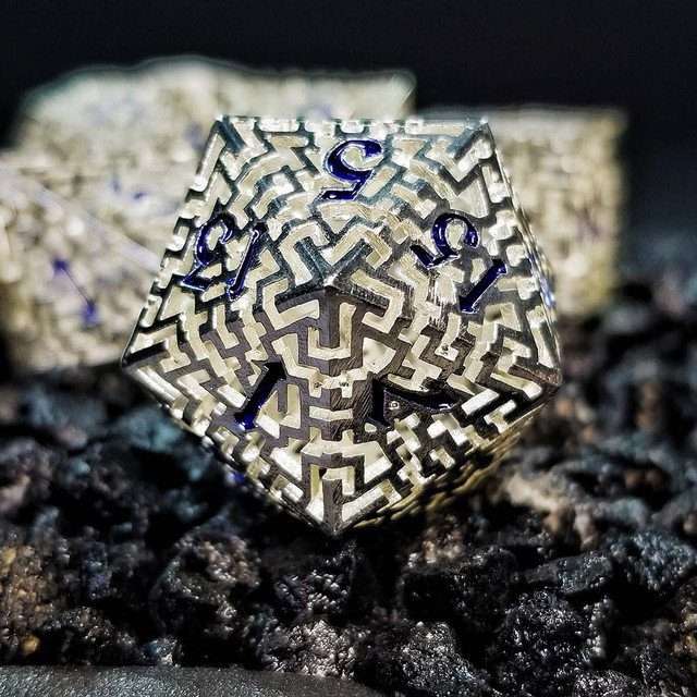 Sage's Labyrinths - Silver Weave Blue Ink Hollow Metal Polyhedral Dice Set image 18