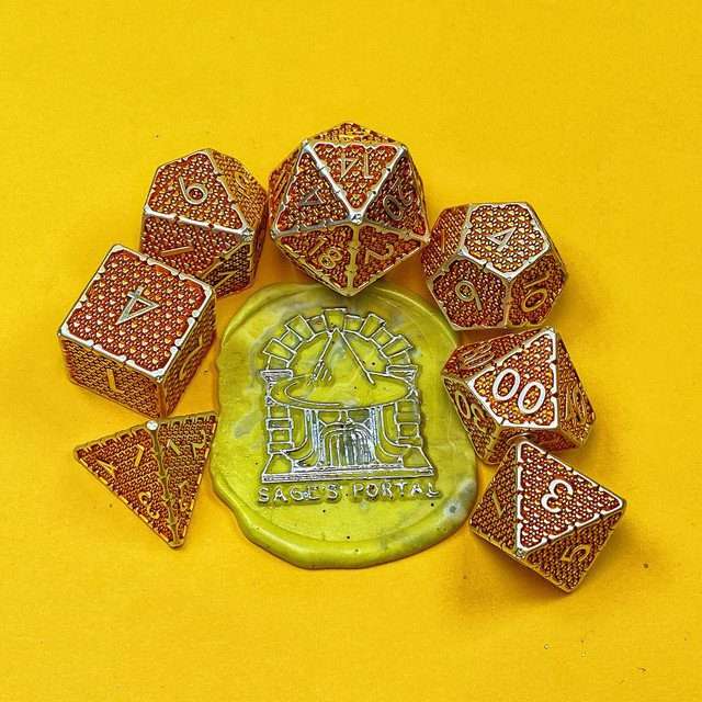 Sage's Hounds - Vintage Yellow with Silver Metal Polyhedral Dice Set image 29