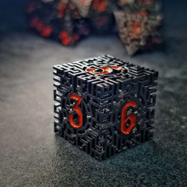 Sage's Labyrinths - Black Weave Red Ink Hollow Metal Polyhedral Dice Set image 9