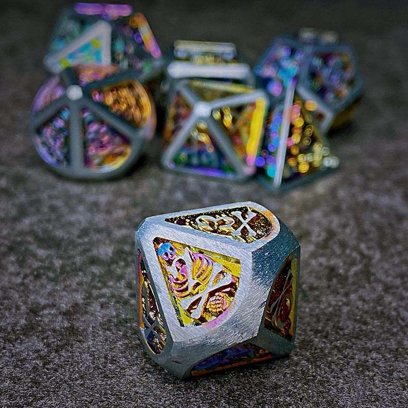 Sage's Grim's Fortunes - Silver/Holo Skull-Bones Metal Polyhedral Dice Set image 3
