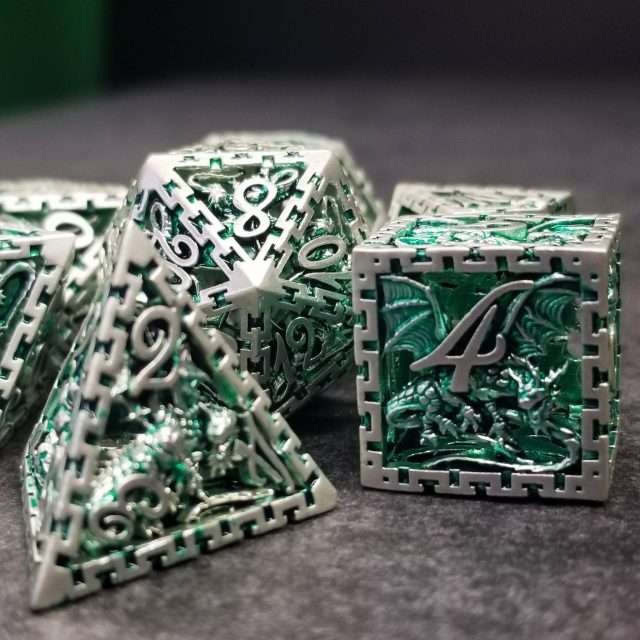 Sage's Dragonstones - Chained Noble Dragon Green Hollow Metal Polyhedral Dice Set image 0