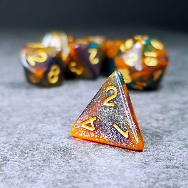 Sage's Shards - Caramel/Turquoise/Purple/Blue Glitter Acrylic Polyhedral Dice Set image 1