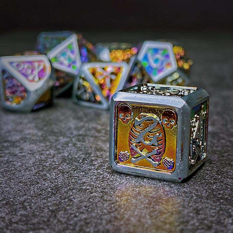 Sage's Grim's Fortunes - Silver/Holo Skull-Bones Metal Polyhedral Dice Set image 4