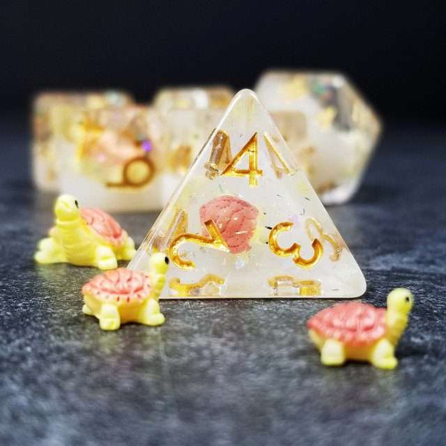 Sage's Familiars- Pink Baby Turtle Familiar Resin Polyhedral Dice Set image 2