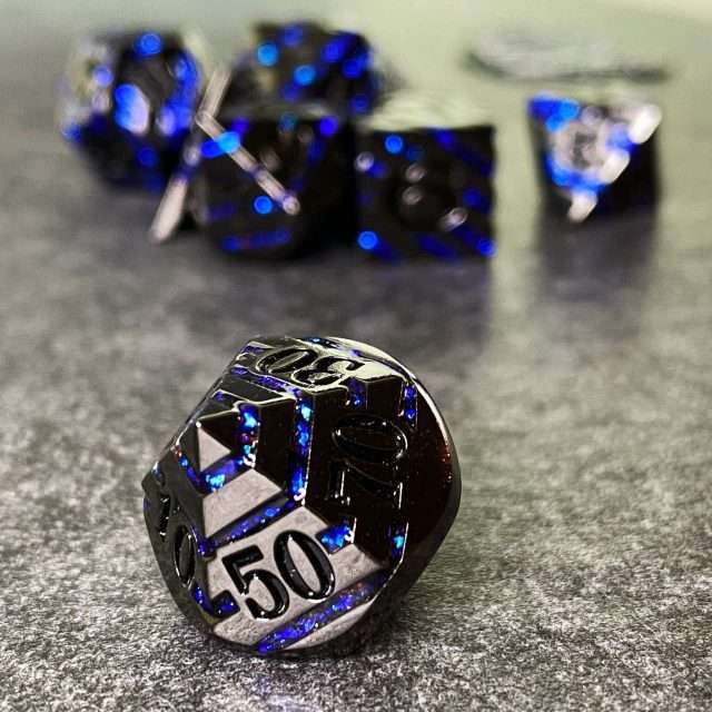 Sage's Dimension Stones - Dark Silver Glitter Blue Stripes Black Ink Metal Polyhedral Dice Set image 4