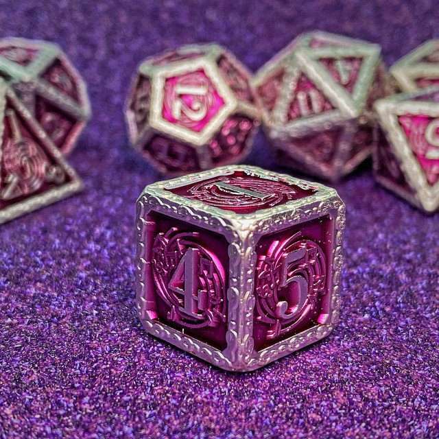 Sage's Anthems - Pearl Silver and Purple Metal Polyhedral Dice Set image 19