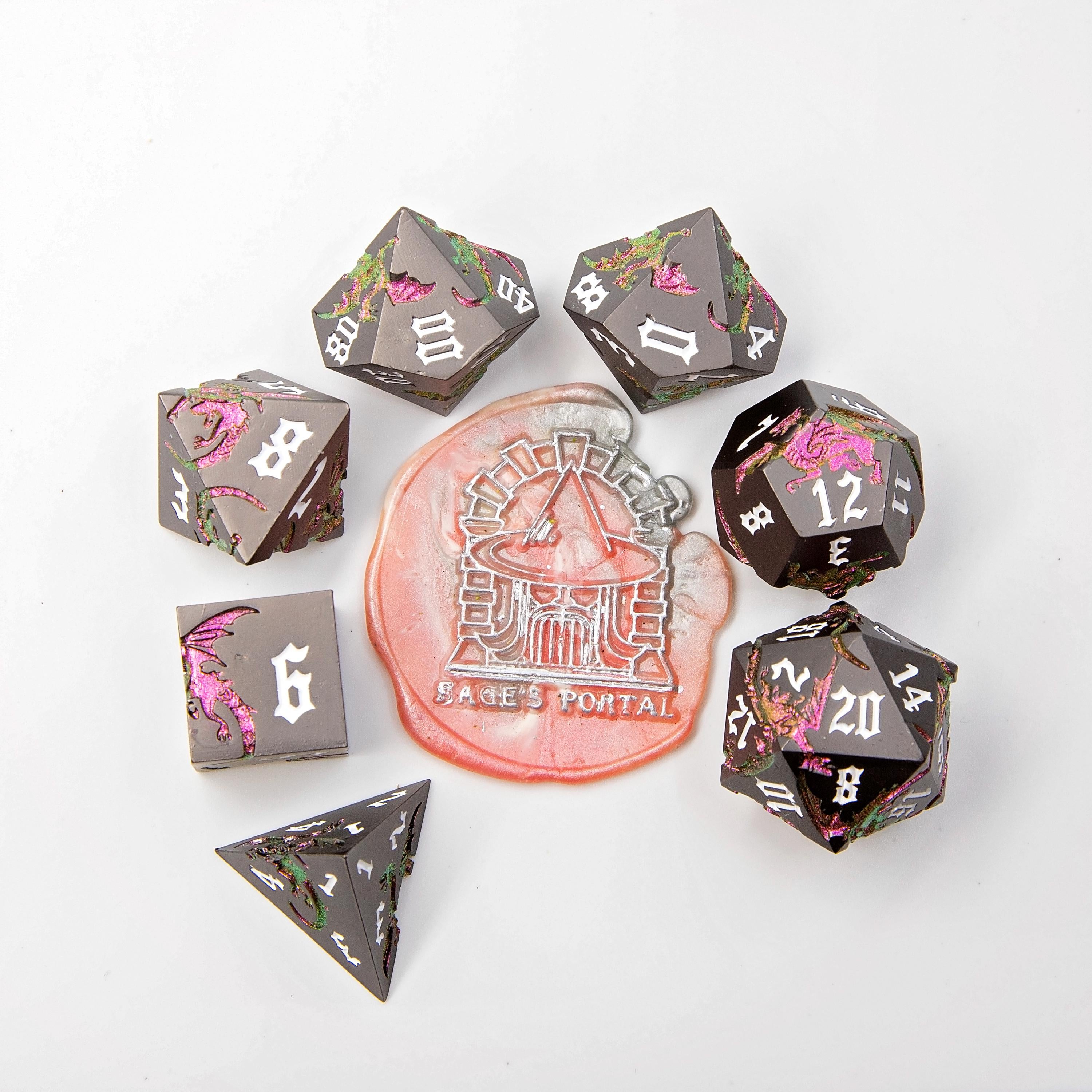 Black & Pink Metal DND Dice Set | Sage’s Dragon Etchings | Rose Gold Engraved Dragons Polyhedral Dice