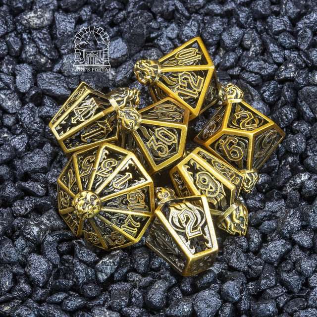 Sage’s Phoenix Lantern Hollow Metal Polyhedral Dice Set image 1