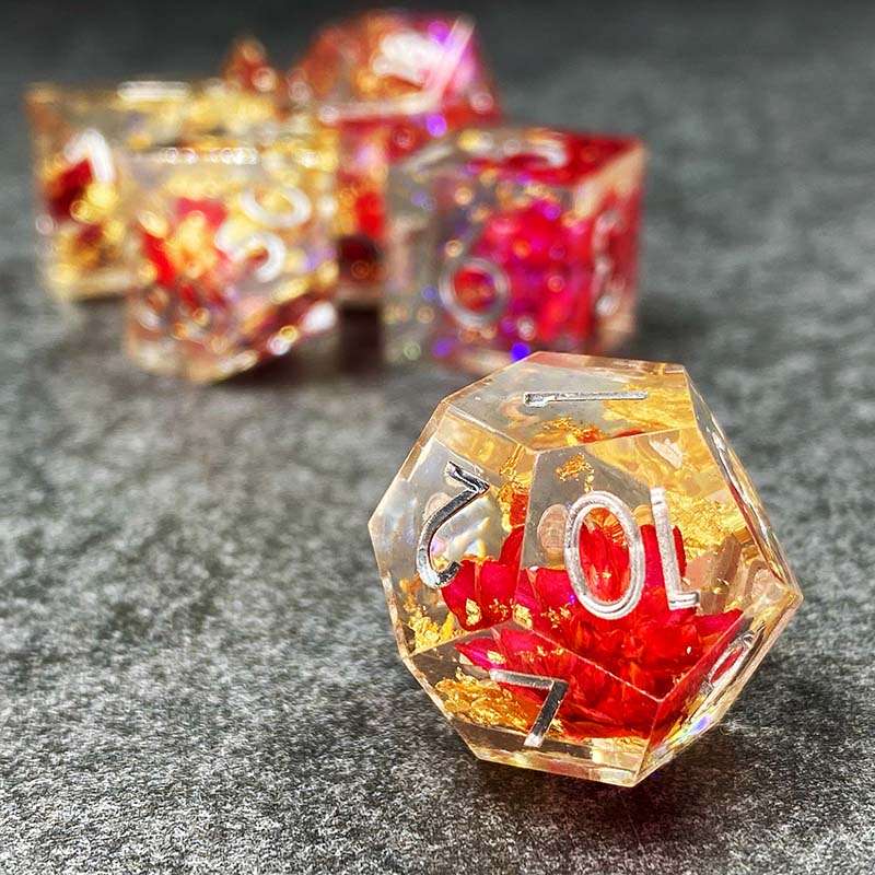 Sage’s Enchanted Flower Red/Silver Ink Sharp Edge Resin Polyhedral Dice Set image 11