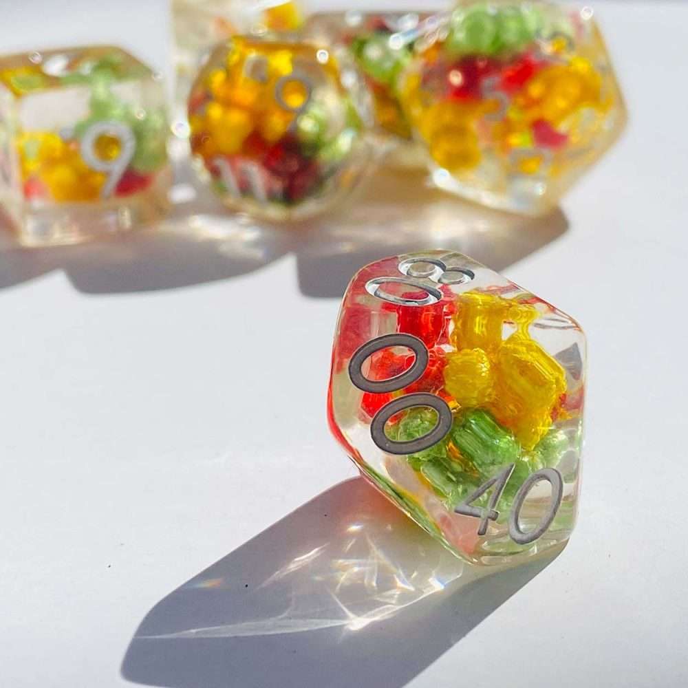Sage's Cantrips - Transparent Red/Yellow/Green Flowers Resin Polyhedral Dice Set image 2