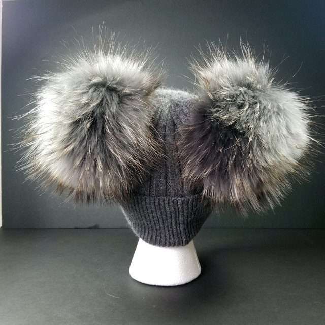 Sage’s Cap – Grey Wool Beanie with Double Raccoon Pompom image 0