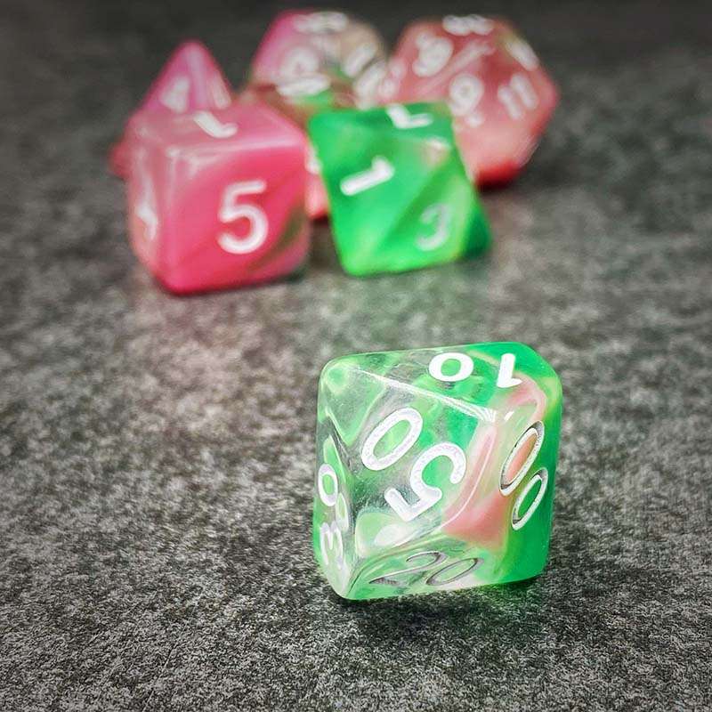 Sage's Capsules - Half Transparent Pink/Green Acrylic Polyhedral Dice Set image 5