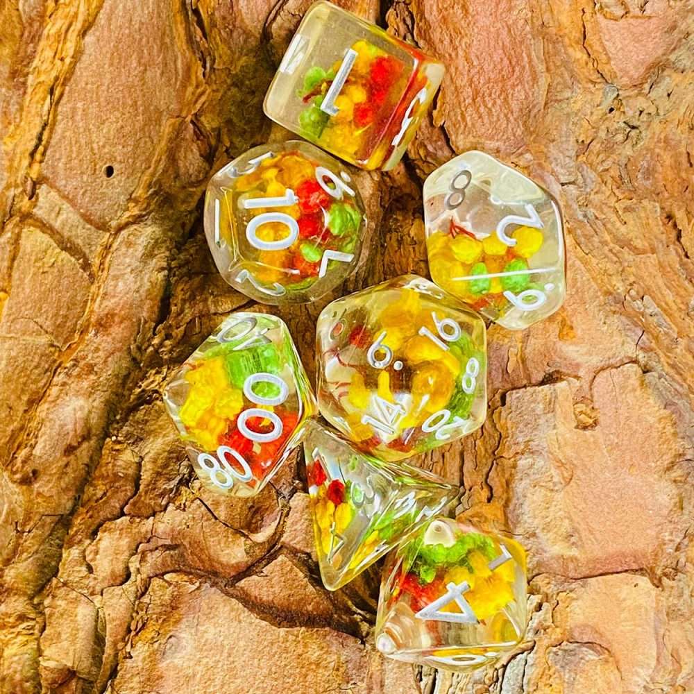 Sage's Cantrips - Transparent Red/Yellow/Green Flowers Resin Polyhedral Dice Set image 6