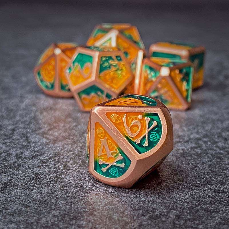 Sage's Grim's Fortunes - Bronze Peach/Green Skull-Bones Metal Polyhedral Dice Set image 5