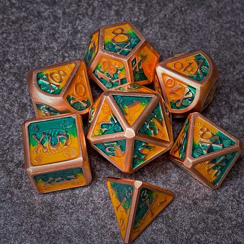Sage's Grim's Fortunes - Bronze Peach/Green Skull-Bones Metal Polyhedral Dice Set image 9