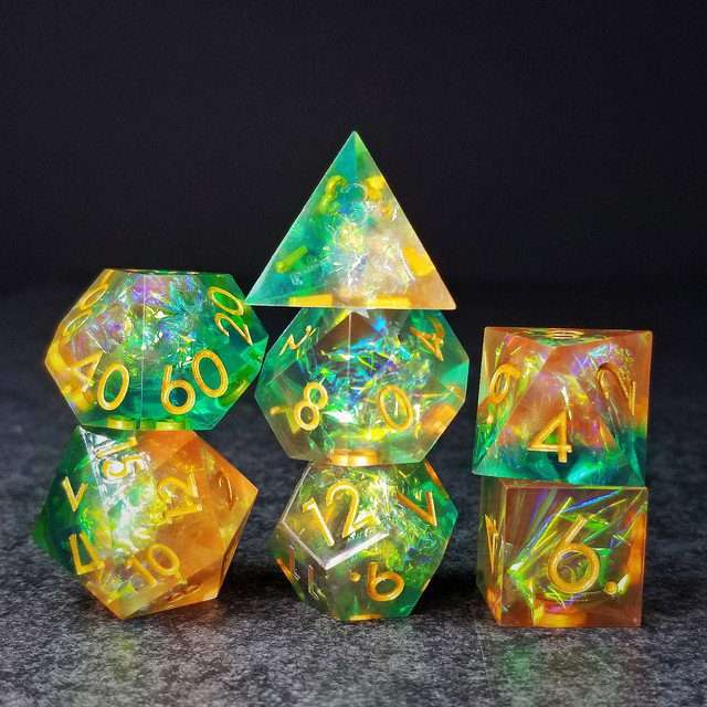 Sage's Enchanted Crystals Green/Peach Gold Ink Sharp Edge Resin Dice Set image 9