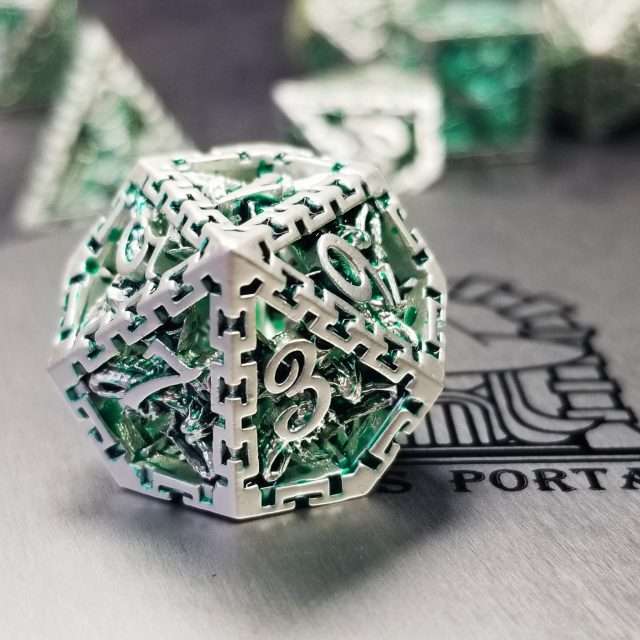 Sage's Dragonstones - Chained Noble Dragon Green Hollow Metal Polyhedral Dice Set image 4