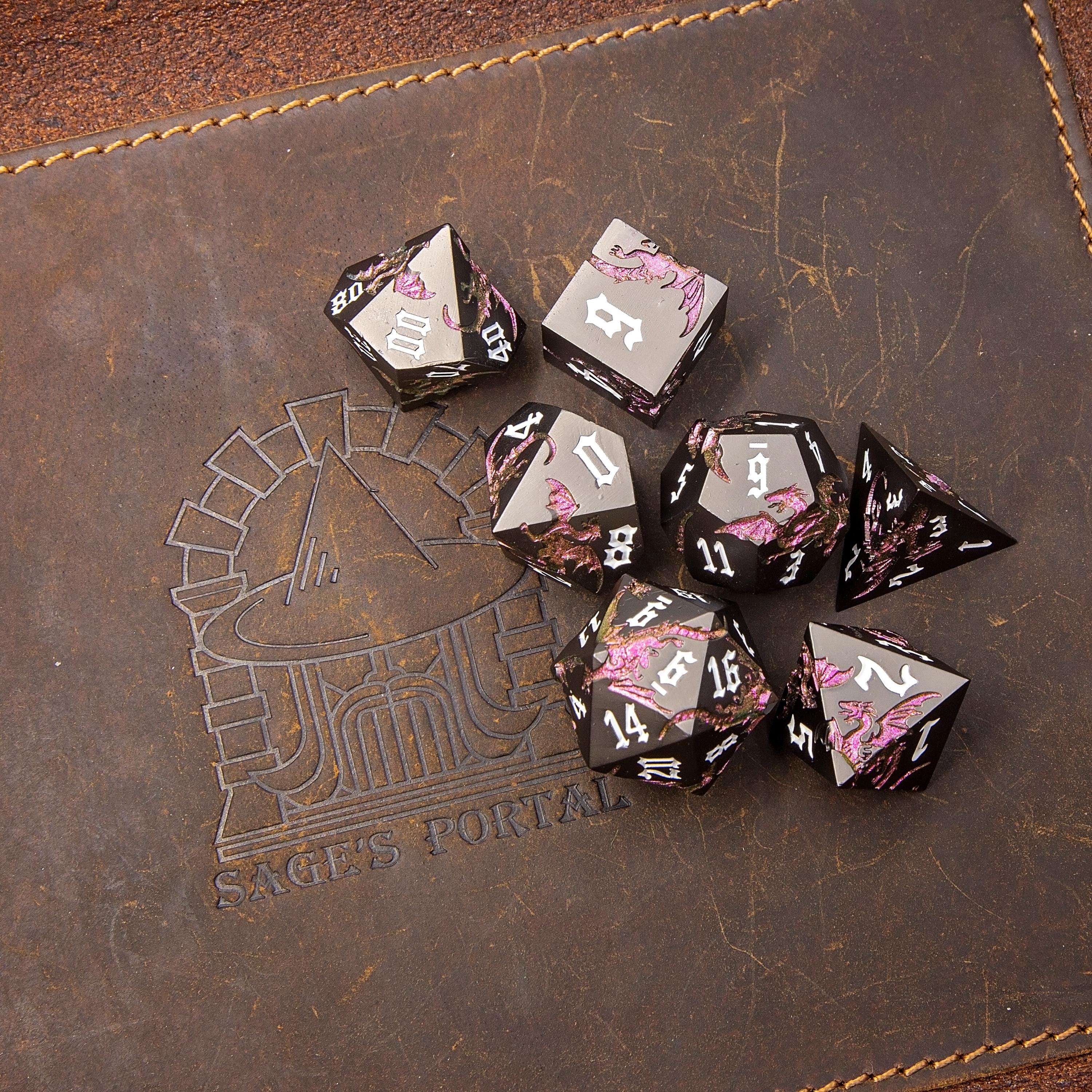 Black & Pink Metal DND Dice Set | Sage’s Dragon Etchings | Rose Gold Engraved Dragons Polyhedral Dice